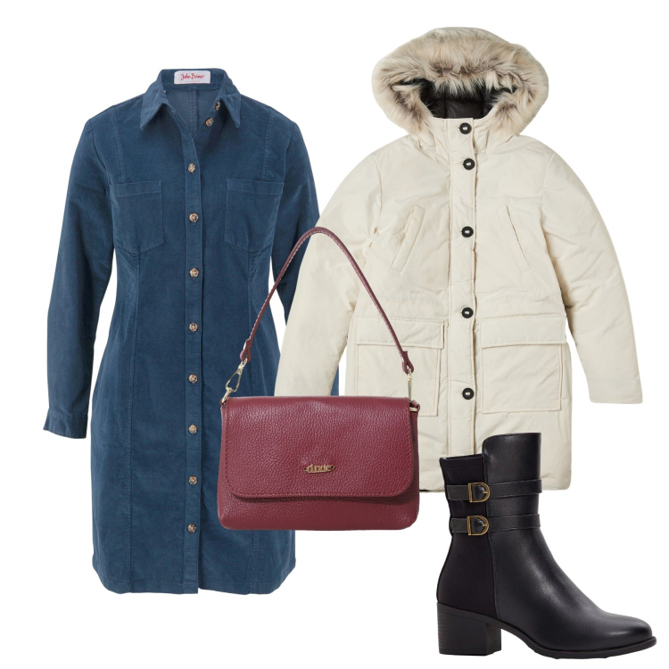 Outfit donna - Mi vesto di velluto. Stile Casual per Scuola/Università. Abbinamento con vestiti, stivaletti, parka, borse a tracolla.