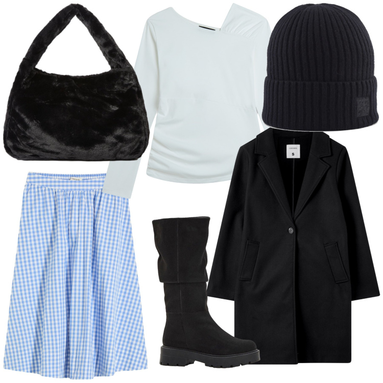 Outfit donna - Total look. Stile Urban per Ufficio. Abbinamento con gonne longuette, stivali, cappotti, maglieria, berretti, borse a spalla.