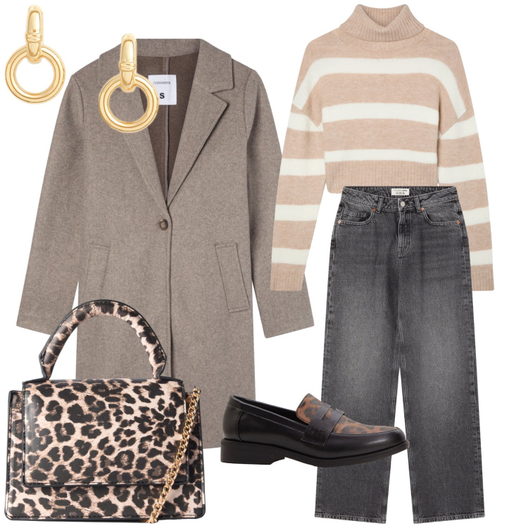 Outfit donna - In città al lunedì. Stile Sporty chic per Tutti i giorni. Abbinamento con mocassini, borse a tracolla, jeans, cappotti, maglieria, orecchini.