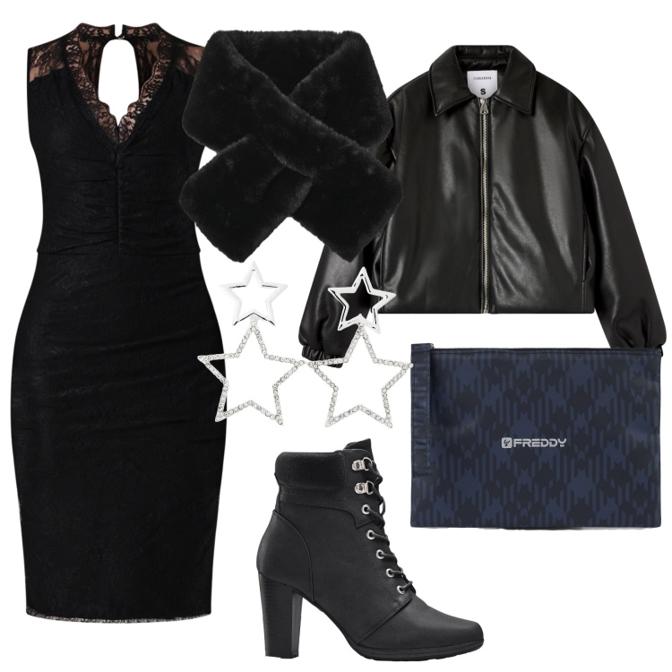 Outfit donna - Stellata notte invernale. Stile Glamour per Serata fuori. Abbinamento con stivaletti, orecchini, bomber, sciarpe, vestiti a tubino, clutch.
