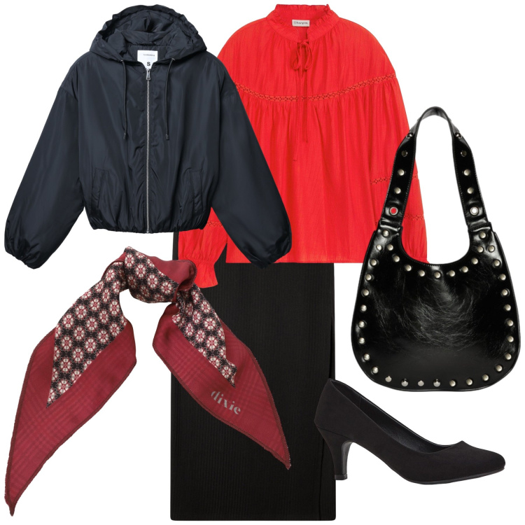 Outfit donna - La camicia è rossa. Stile Urban per Ufficio. Abbinamento con décolleté, bluse, gonne lunghe, bomber, foulard, borse a spalla.