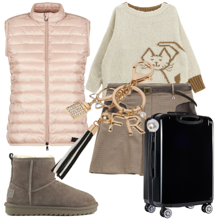 Outfit donna - In viaggio col charm. Stile Basic per Tutti i giorni. Abbinamento con maglieria, valigie, minigonne, piumini, stivali, portachiavi.