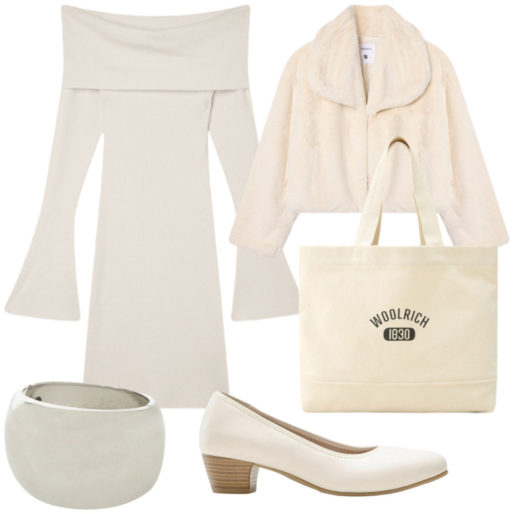 Outfit donna - In tono. Stile Bon Ton per Ufficio. Abbinamento con décolleté, vestiti corti, ecopellicce, braccialetti, borse tote.