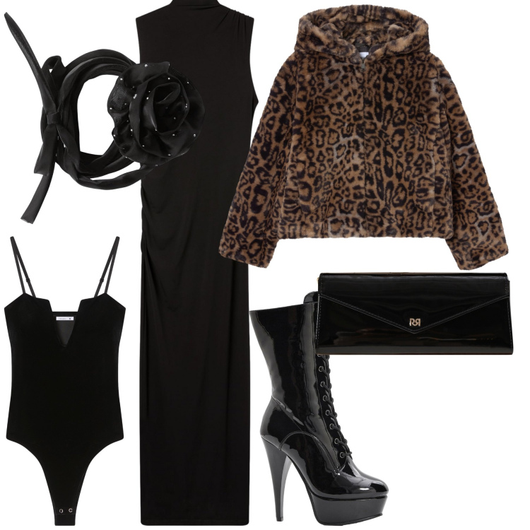 Outfit donna - Tubino nero per la sera. Stile Glamour per Serata fuori. Abbinamento con stivaletti, collane, vestiti lunghi, body, ecopellicce, pochette.