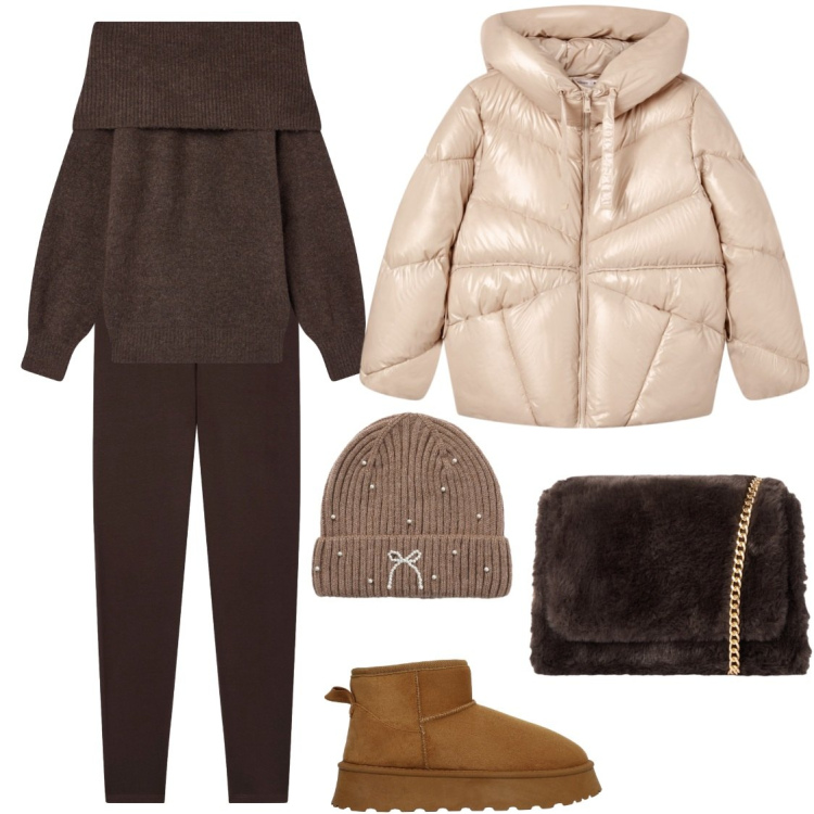 Outfit donna - La puffer jacket. Stile Casual chic per Tutti i giorni. Abbinamento con maglieria, leggings, giacche, borse a tracolla, stivali, berretti.