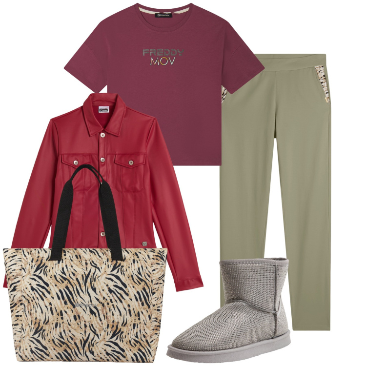 Outfit donna - Casual in Freddy e Terranova. Stile Casual per Tutti i giorni. Abbinamento con stivali, shopping bag, giacche, pantaloni, t-shirt.