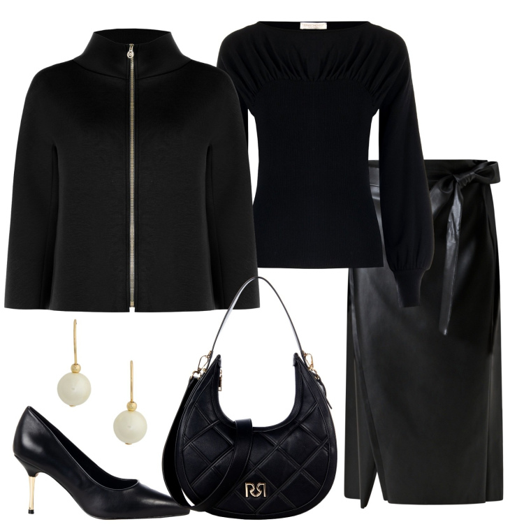 Outfit donna - Black Rinascimento. Stile Chic per Serata fuori. Abbinamento con gonne longuette, maglieria, borse a tracolla, décolleté, cappe, orecchini.