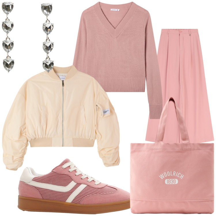 Outfit donna - Pink Monday. Stile Romantica per Tutti i giorni. Abbinamento con sneakers, bomber, orecchini, maglieria, pantaloni a palazzo, borse tote.
