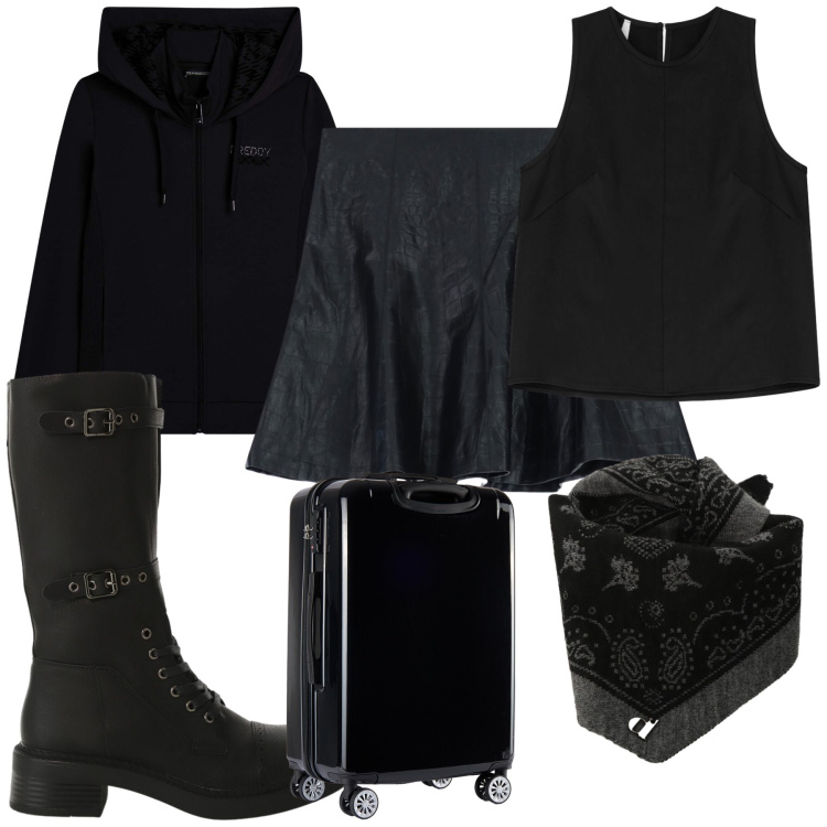 Outfit donna - All black. Stile Basic per Tutti i giorni. Abbinamento con minigonne, top, stivali, felpe con cappuccio, valigie, foulard.