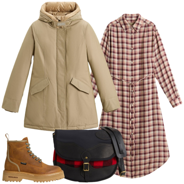 Outfit donna - Quadri. Stile Casual chic per Scuola/Università. Abbinamento con anfibi, borse a tracolla, parka, vestiti lunghi.