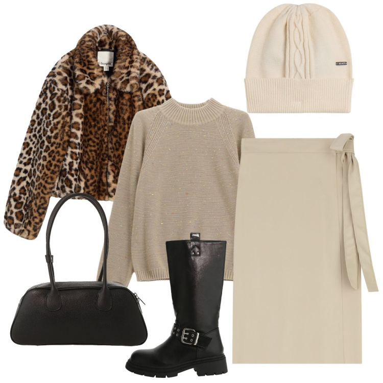 Outfit donna - In città. Stile Chic per Tutti i giorni. Abbinamento con ecopellicce, maglieria, stivali, gonne longuette, borse a mano, berretti.