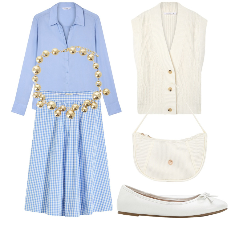 Outfit donna - Total look #2287839. Stile 70s per Ufficio. Abbinamento con ballerine, gonne longuette, camicie, gilet, collane, borse a mano.