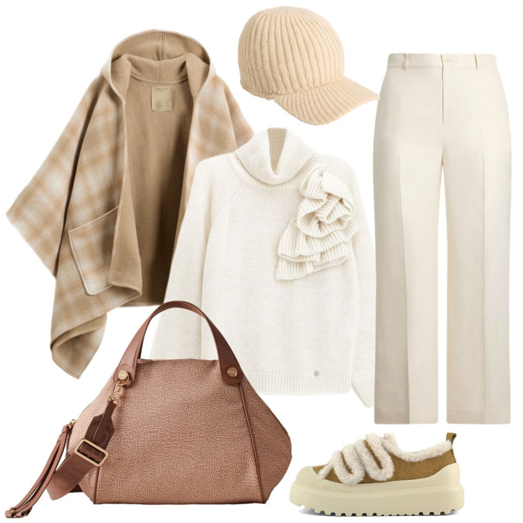 Outfit donna - Elegante per le vie del centro. Stile Chic per Tutti i giorni. Abbinamento con maglieria, borse a mano, pantaloni, cappelli, cappe, sneakers.