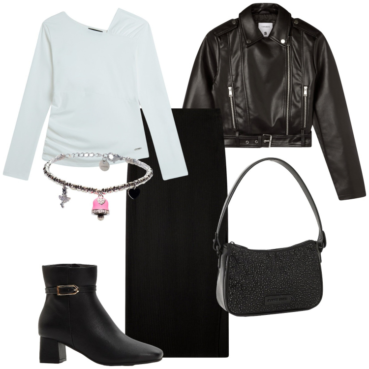 Outfit donna - Gonna lunga in maglia. Stile Trendy per Serata fuori. Abbinamento con borse a mano, stivaletti, gonne lunghe, giacche, maglieria, braccialetti.
