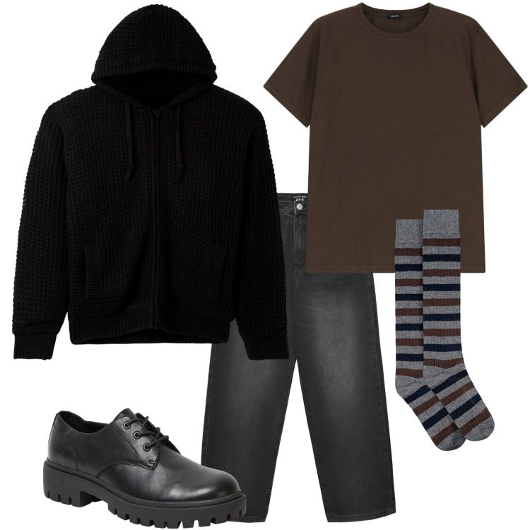 Outfit uomo - Non è una felpa. Stile Urban per Tutti i giorni. Abbinamento con cardigans, scarpe stringate, jeans dritti, t-shirt, calzini.
