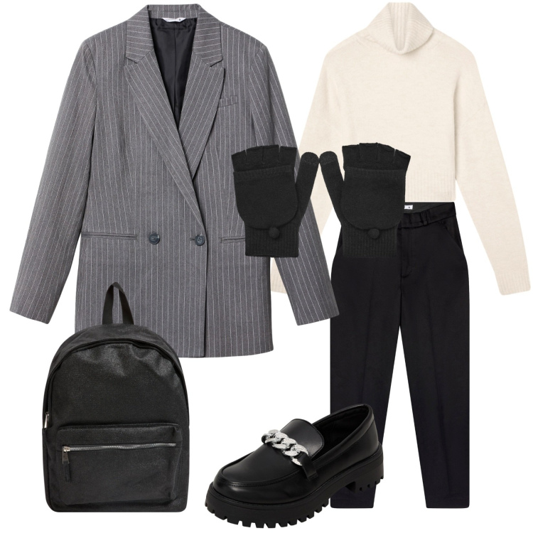 Outfit donna - La giacca gessata. Stile Casual chic per Ufficio. Abbinamento con pantaloni chino, mocassini, blazer, maglieria, guanti, zaini.