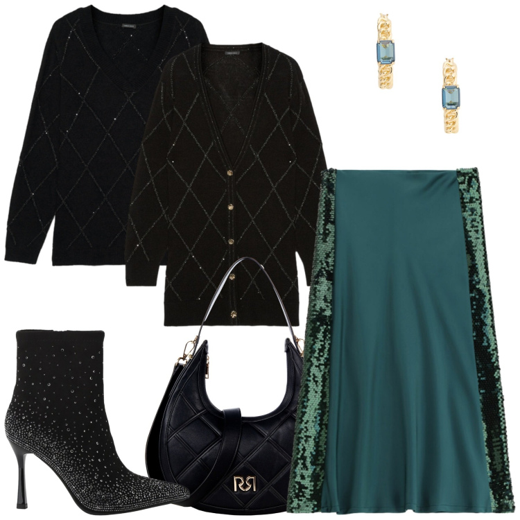 Outfit donna - Serata con stile-dettagli luminosi-curvy. Stile Glamour per Serata fuori. Abbinamento con gonne lunghe, borse a tracolla, stivaletti, orecchini, maglieria, cardigans.