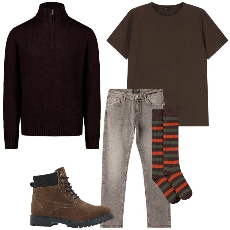 Outfit uomo - Total look #2287846. Stile Casual per Tutti i giorni. Abbinamento con stivali e stivaletti, jeans, t-shirt, calzini, maglieria.