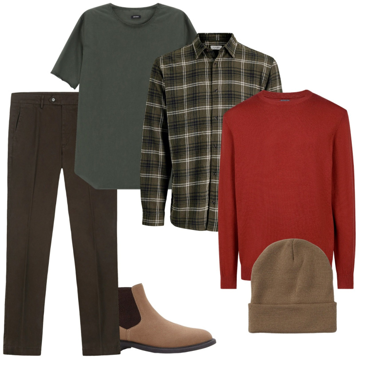 Outfit uomo - Pienissimo autunno. Stile Trendy per Tutti i giorni. Abbinamento con camicie, stivali e stivaletti, berretti, t-shirt, pantaloni chino, maglieria.