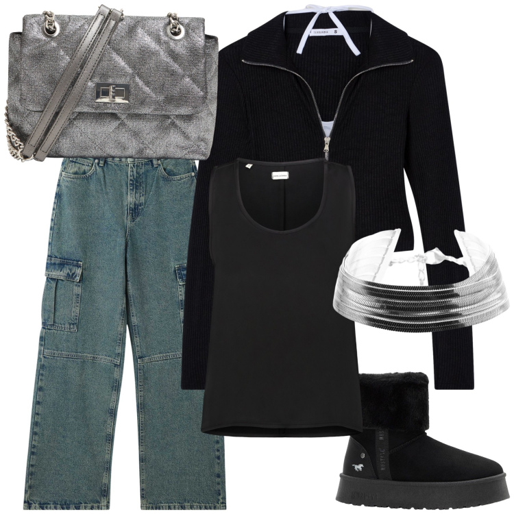 Outfit donna - Jeans cargo e accessori argento. Stile Casual chic per Tutti i giorni. Abbinamento con stivaletti, jeans, felpe, borse a tracolla, braccialetti, top.