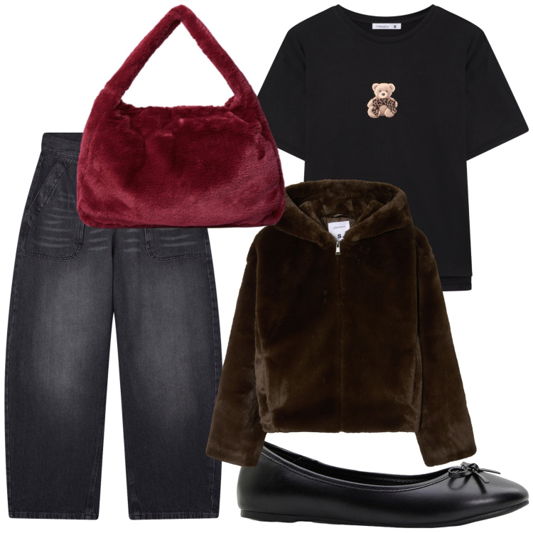 Outfit donna - Orsetto pelosetto. Stile Sporty chic per Tutti i giorni. Abbinamento con ballerine, ecopellicce, t-shirt, jeans, borse a spalla.
