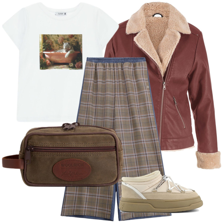 Outfit donna - Total look. Stile Basic per Tutti i giorni. Abbinamento con bomber, pantaloni a palazzo, t-shirt, valigie, stivaletti.