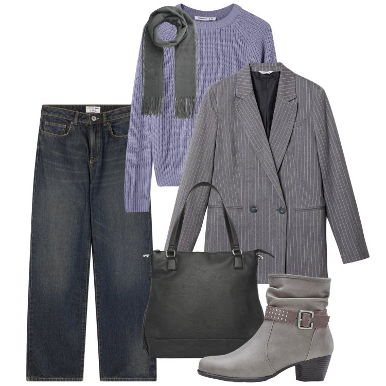 Outfit donna - Novembre. Stile Bon Ton per Tutti i giorni. Abbinamento con stivaletti, jeans dritti, blazer, maglieria, shopping bag, sciarpe.