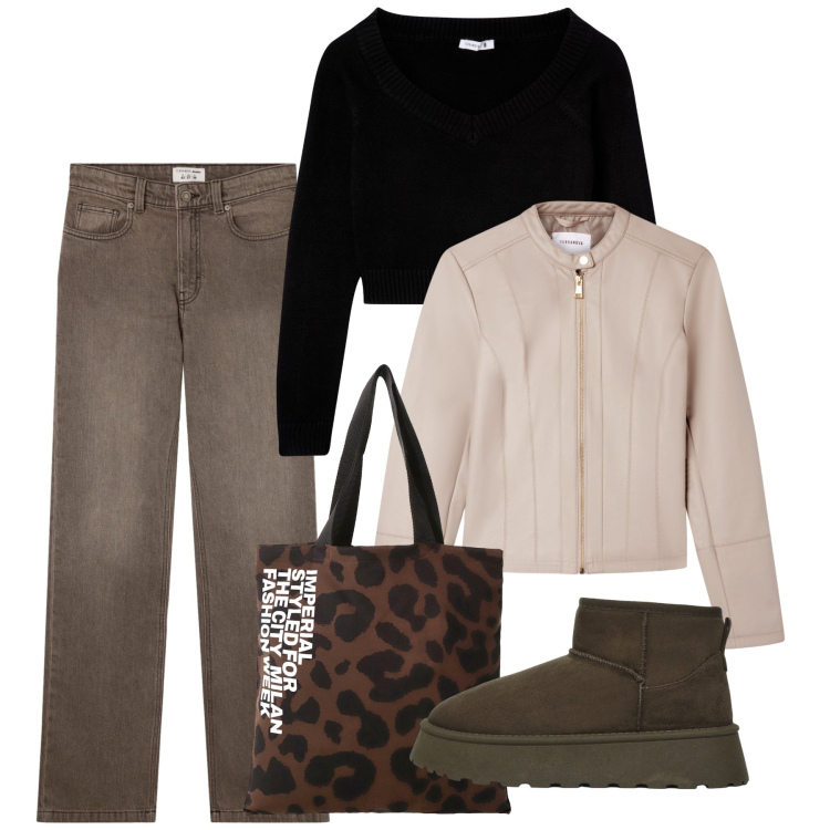 Outfit donna - Facile. Stile Casual per Tutti i giorni. Abbinamento con giacche, jeans bootcut, maglieria, stivali, shopping bag.
