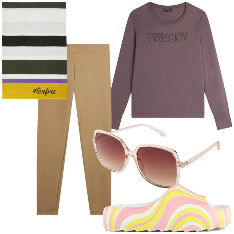 Outfit donna - A casa. Stile Basic per Tutti i giorni. Abbinamento con occhiali da sole, felpe, leggings, ciabatte, sciarpe.