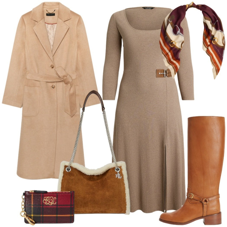 Outfit donna - Giornata in città. Stile Casual chic per Tutti i giorni. Abbinamento con portafogli, stivali, vestiti, borse tote, foulard, cappotti.