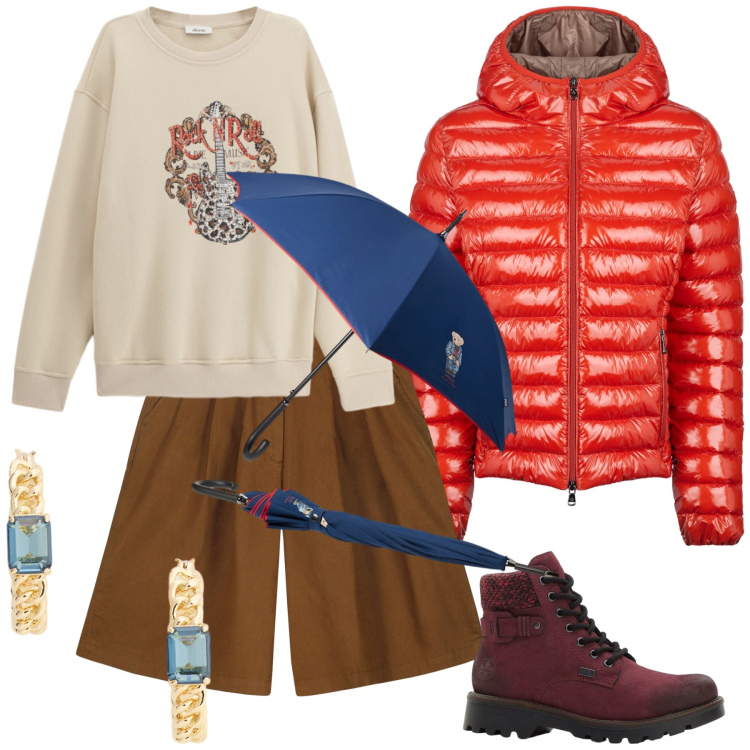 Outfit donna - Sotto la pioggia. Stile Casual chic per Tutti i giorni. Abbinamento con stivaletti, felpe, orecchini, borse tote, blazer, bermuda.