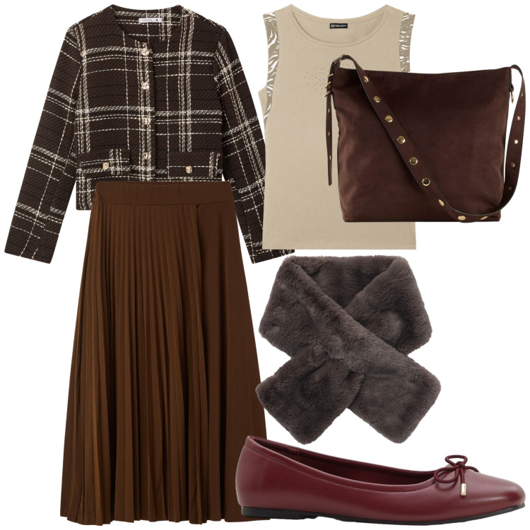 Outfit donna - L ufficio bon ton e comodo comodo. Stile Bon Ton per Ufficio. Abbinamento con shopping bag, ballerine, blazer, sciarpe, gonne lunghe, t-shirt.