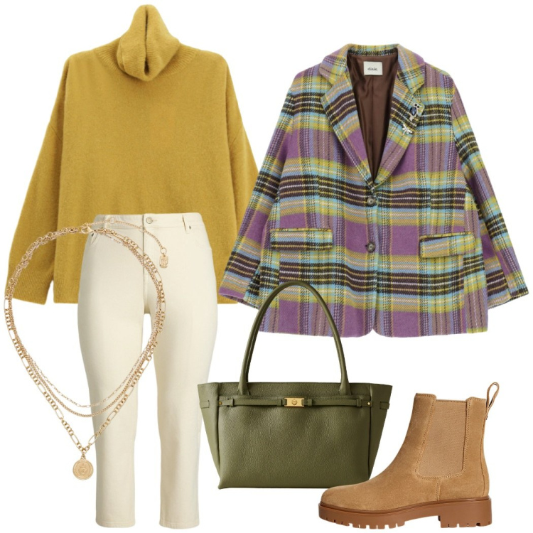 Outfit donna - Colorata giornata in centro. Stile Casual chic per Tutti i giorni. Abbinamento con maglieria, blazer, shopping bag, ciondoli, jeans dritti, stivaletti chelsea.