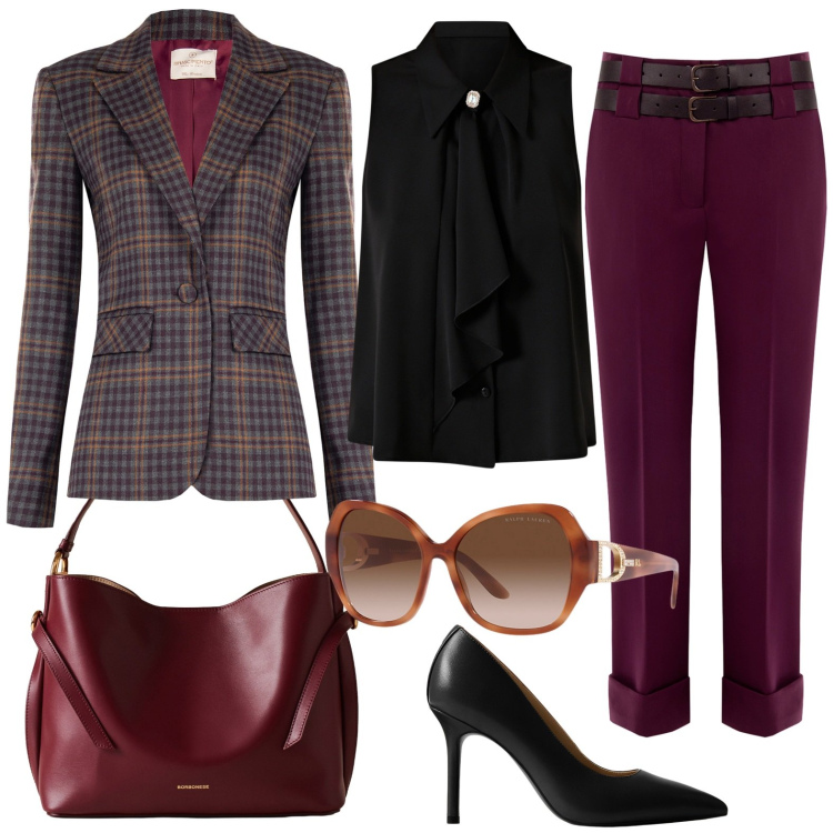 Outfit donna - Total look #2287874. Stile Chic per Ufficio. Abbinamento con pantaloni, camicie, blazer, borse a mano, occhiali da sole, décolleté.