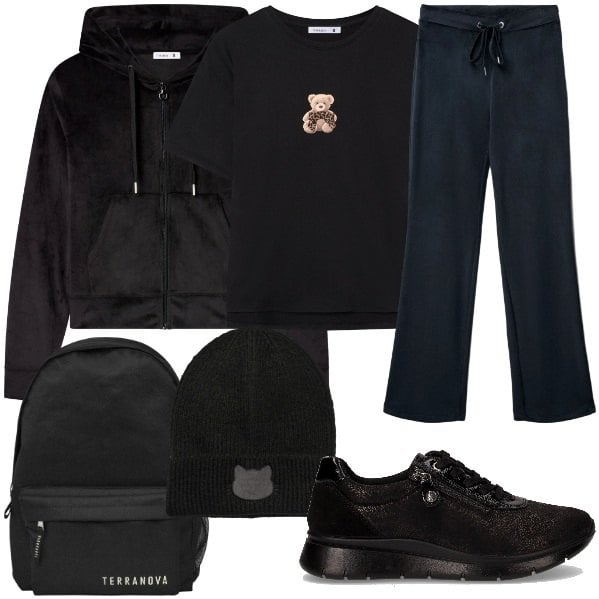 Outfit donna - Black (Friday) 2025 Terranova. Stile Sporty chic per Sport. Abbinamento con pantaloni, t-shirt, felpe con cappuccio, zaini, berretti, sneakers.