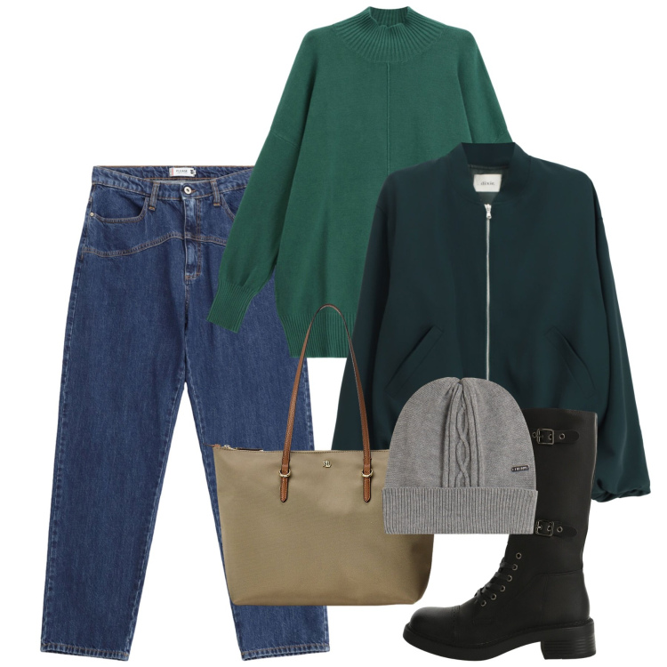 Outfit donna - Verde e blu. Stile Casual per Tutti i giorni. Abbinamento con jeans, stivali, bomber, maglieria, berretti, borse tote.