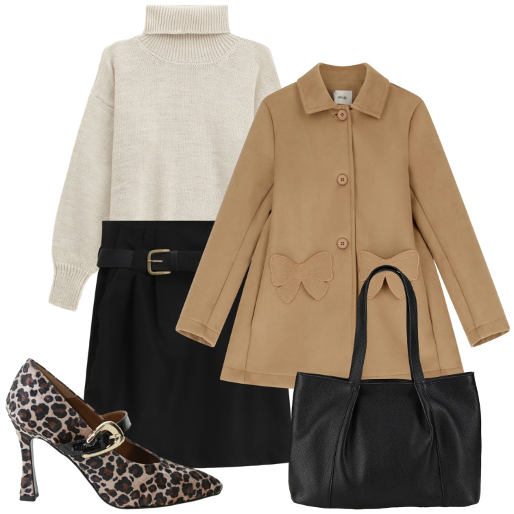 Outfit donna - Fall. Stile Bon Ton per Ufficio. Abbinamento con shopping bag, maglieria, décolleté, cappotti, minigonne.