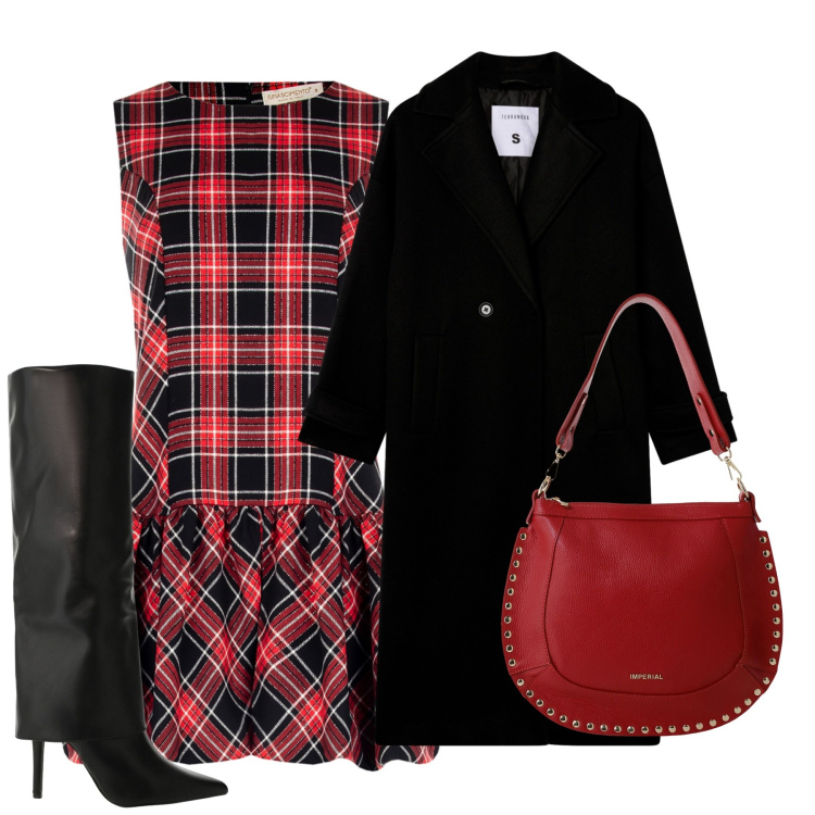 Outfit donna - Verso Natale. Stile Chic per Serata fuori. Abbinamento con cappotti, vestiti senza maniche, borse a spalla, stivali.