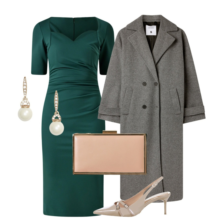 Outfit donna - Cerimonia a dicembre. Stile Chic per Cerimonia. Abbinamento con cappotti, pochette, décolleté, vestiti a tubino, orecchini.