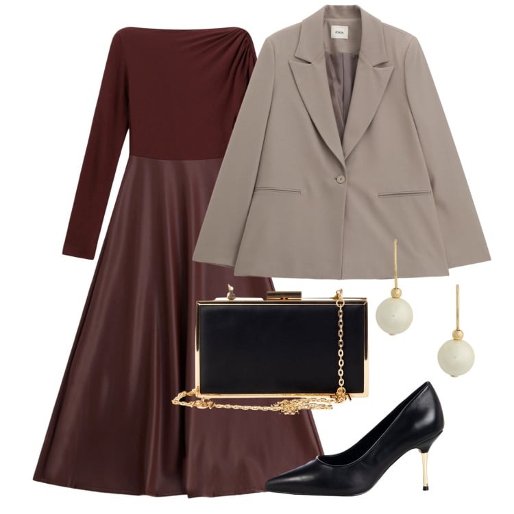 Outfit donna - Matrimonio in inverno. Stile Chic per Cerimonia. Abbinamento con pochette, décolleté, vestiti lunghi, blazer, orecchini.