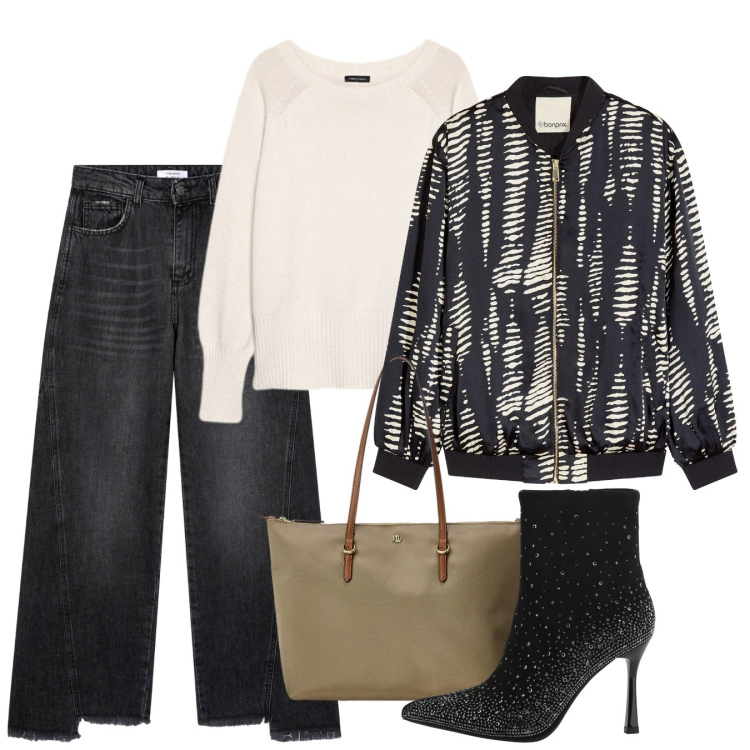 Outfit donna - Tocco strass. Stile Casual chic per Tutti i giorni. Abbinamento con bomber, jeans, stivaletti, borse tote, maglieria.