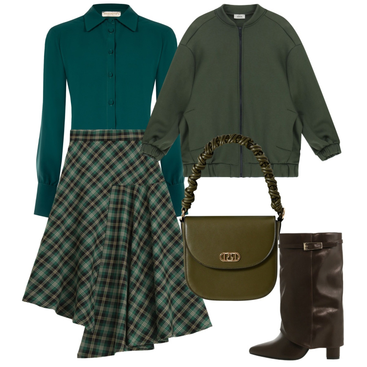 Outfit donna - Mix di verdi. Stile Bon Ton per Tutti i giorni. Abbinamento con camicie, borse a mano, stivali, bomber, gonne longuette.
