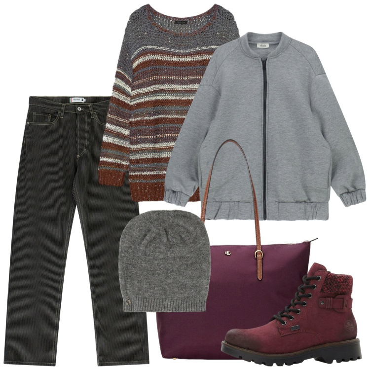 Outfit donna - Novembre. Stile Casual per Tutti i giorni. Abbinamento con stivaletti, pantaloni, berretti, bomber, borse tote, maglieria.