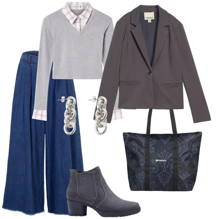 Outfit donna - Total look #2287907. Stile Casual chic per Ufficio. Abbinamento con gonne, stivaletti, blazer, maglieria, orecchini, shopping bag.