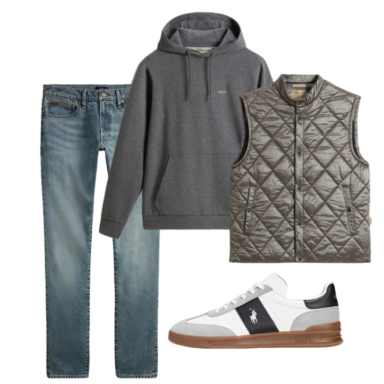Outfit uomo - Tempo libero. Stile Casual per Tutti i giorni. Abbinamento con jeans, sneakers, felpe con cappuccio, gilet.