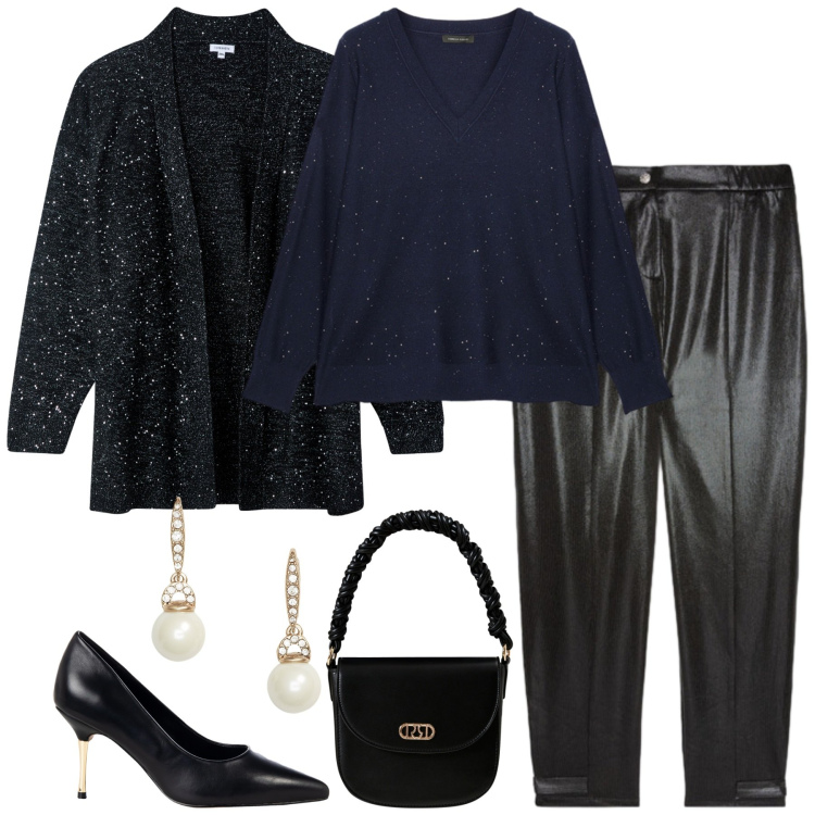 Outfit donna - Serata con stile - curvy style. Stile Glamour per Serata fuori. Abbinamento con décolleté, borse a mano, cardigans, orecchini, maglieria, pantaloni.