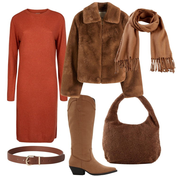 Outfit donna - Total look #2287921. Stile Casual chic per Tutti i giorni. Abbinamento con shopping bag, sciarpe, ecopellicce, stivali, cinture, vestiti midi/longuette.