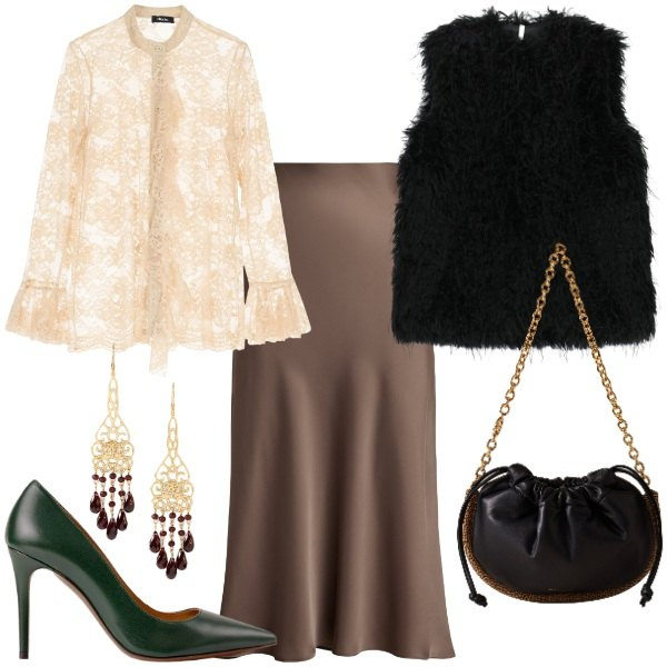 Outfit donna - Serata con stile - FDCI. Stile Chic per Serata fuori. Abbinamento con piumini, borse a spalla, camicie, décolleté, gonne, orecchini.