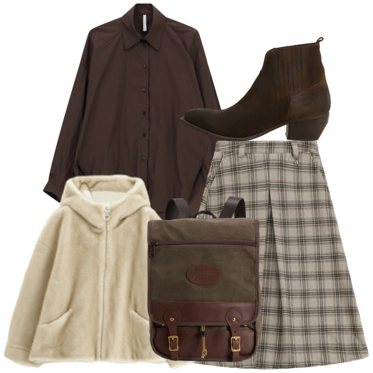 Outfit donna - Total brown. Stile Chic per Tutti i giorni. Abbinamento con blazer, camicie, gonne longuette, stivaletti, zaini.