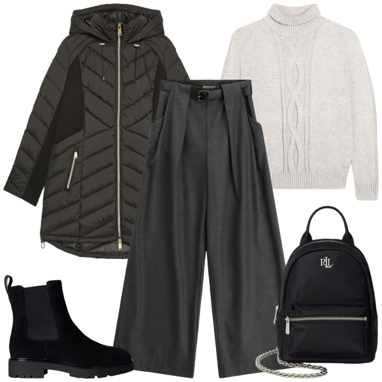 Outfit donna - Giornata in città - curvy style. Stile Urban per Tutti i giorni. Abbinamento con maglieria, pantaloni a palazzo, zaini, stivaletti chelsea, piumini.